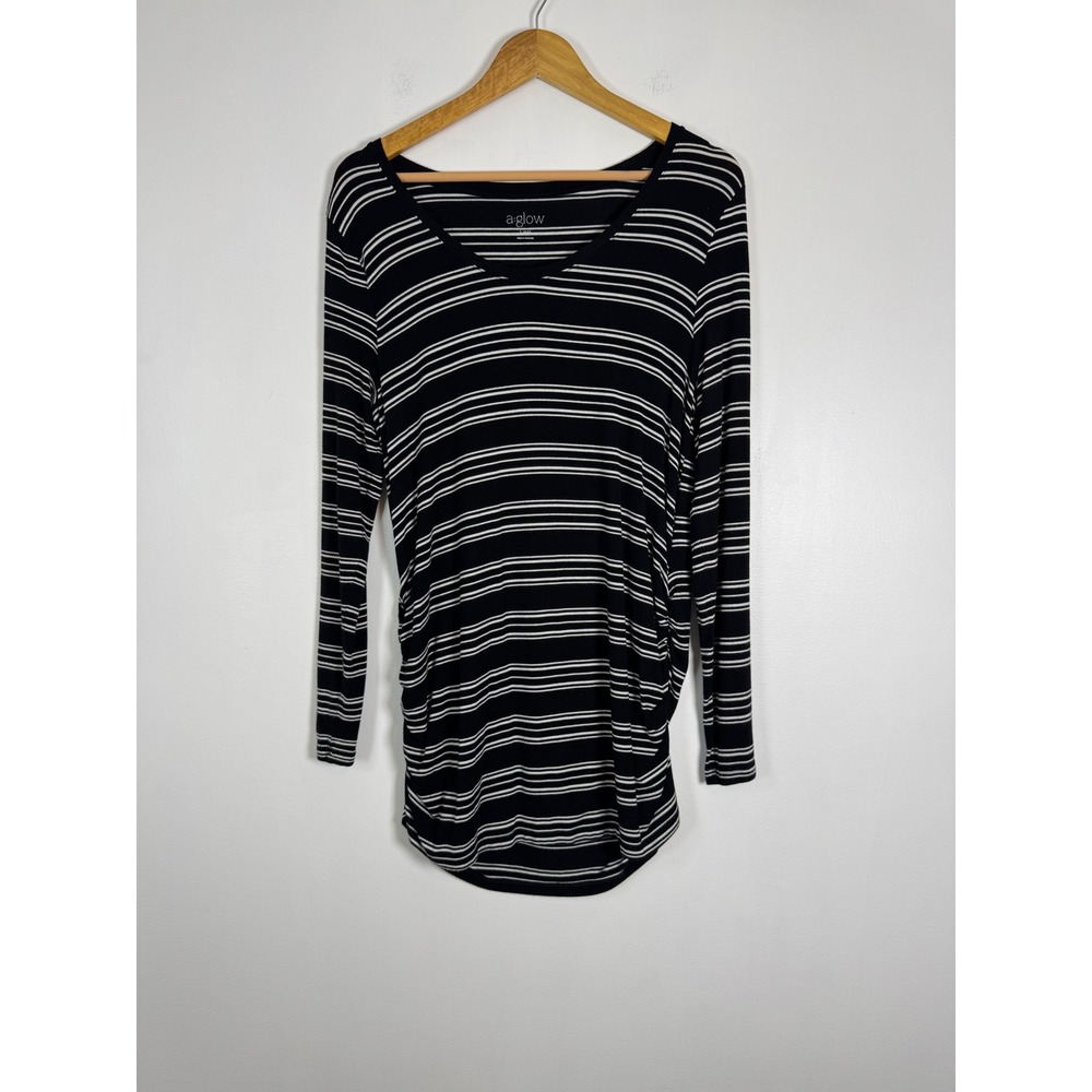 Nautical a:glow Women Large Maternity Tunic Top Black White Striped Ruched